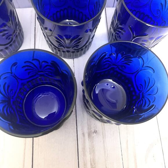 Rare Baroque Revival Cobalt Blue Pressed Old Fashioned Glasses MCM Portuguese 5 - Picture 5 of 10